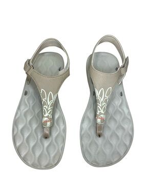 Columbia Suntech Taupe T-Strap Sandals Sz 9 White Floral Accents Minimalist Gorp